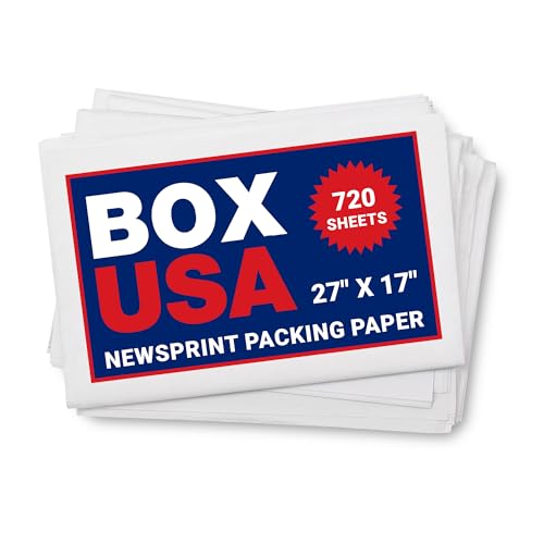 BOX USA Packing Paper Sheets 27" x 17" (720 Sheets, 20 lb) - Newsprint Paper for Shipping, Storage and Moving Supplies, White