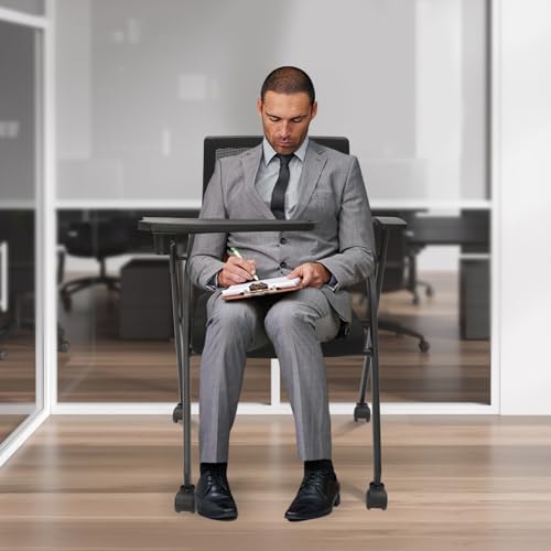 Eleeferri Chair with Desk Attached Foldable Guest Reception Chairs with Caster Wheels and Foldable Right Handed Tablet Arm for Office School Classroom Conference Waiting Room Black