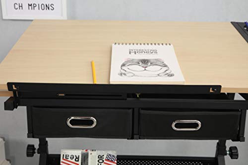 Acosure Drawing Desk with 2 Drawers and Stool,Bottom of The Drafting Table Legs W/Adjustable Angles,Tabletop can be Tilted,for Home,Office,School,White Oak