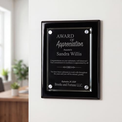 Ravanox Personalized Piano Black Finish Floating Glass Plaque, Custom Engraved Wall Plaque for Employee Appreciation, Recognition, Service, Retirement and More (10 1/2 x 13)