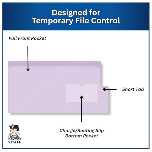 Doctor Stuff - Short Tab Vinyl Outguides, Full Front Pocket, Bottom Charge Out Slip Pocket, Plastic File Folder, Legal Size 9" x 16", Lavender, 50/Box