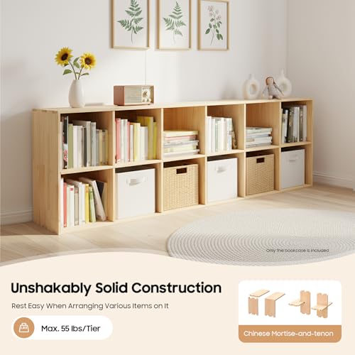 HuidTews 12-Compartment Mobile Cubby Storage Cabinet -Vertical Or Horizontal Bookcase - Open Book Shelf, Rectangular Solid Wood Shelves Cube ShelfFor Bedroom, Living Room, Office