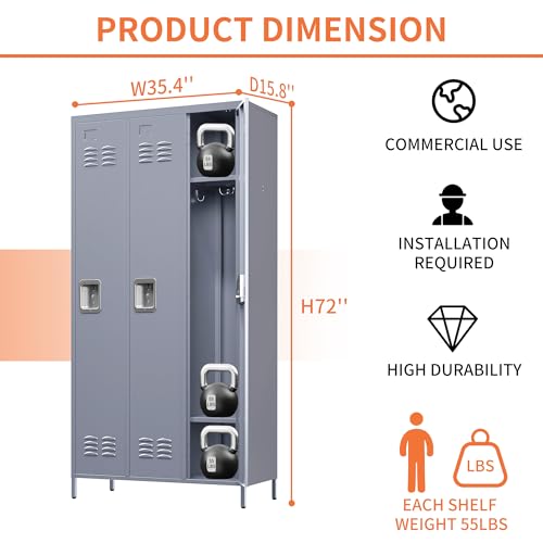 CIATRE 72" Tall Metal Lockers with Lock and Hooks 3 Doors Storage Cabinet, for School Office Gym Bedroom, Assembly Required for Employees, School, Office, Gym (Gray)