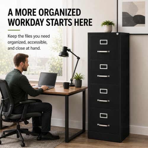 Pemberly Row 4 Drawers 52" Vertical Black Metal Filing Cabinet Lockable Pre-Assembled Stationary Letter Size for Home, Office