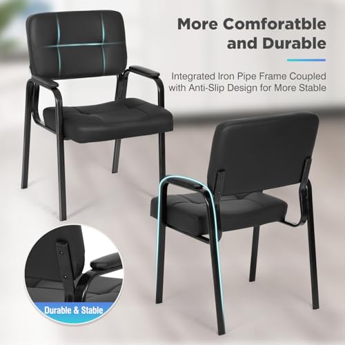 BestOffice Office Guest Chairs Set of 2 Reception Chairs Conference Chairs with Arms Lumbar Support Stack Cushion Seat Meeting Chair PU Leather Office Chair Without Wheels (Black)