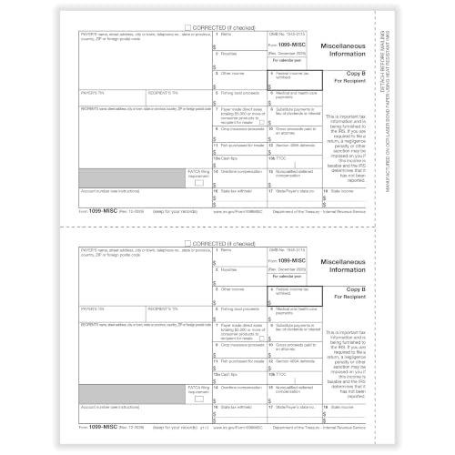 ComplyRight 1099-MISC Set, 4-Part, 2-Up, Copy A, B, 2/1, 2/1 with Gummed Envelopes, 100 Recipients, Tax Filing Supplies