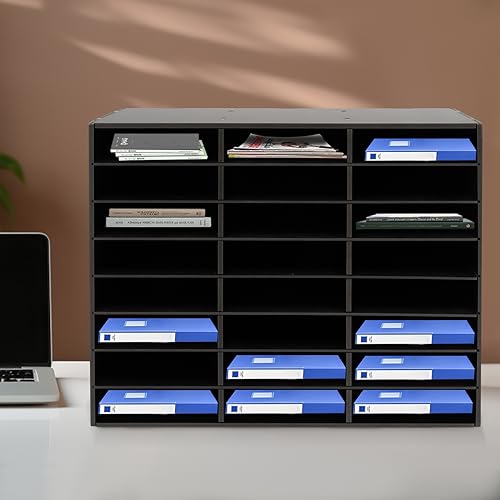 Literature Organizer,Mail Sorter Organizer with Adjustable Shelve,Desktop File Sorter Mail Center,Student Mailbox with Adjustable Shelves for Classroom,Office Home (Black, 24 Compartment)