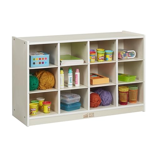 ECR4Kids 12 Cubby Mobile Tray Storage Cabinet, 3x4, Classroom Furniture, White Wash
