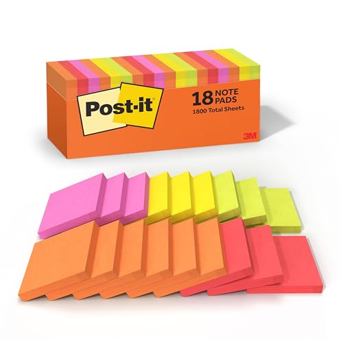Post-it Notes, 3 x 3 in, Sunburst Collection, 18 Pads, 100 Sheets/Pad