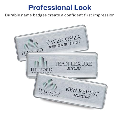 Avery® Reusable Magnetic Professional Name Badge System, 1" x 3" Silver Name Tags, 10 Identification Badges, 80 Laser Printable Inserts, Design Software Included (71206)