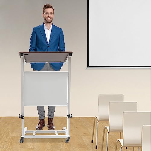 Lectern Podium Stand, Height Adjustment Portable Pulpit with 4 Rolling Casters, Lower Storage Shelf Floor Lectern Rolling Podium for Classroom, Concert, Church, White