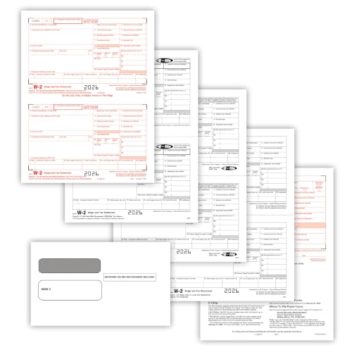 ComplyRight W-2 Tax Form Set 4-Part 2-Up with Copy A, B, C, & D, Self-Sealing Envelopes, Set for 25 Employees, Tax Preparer Supplies