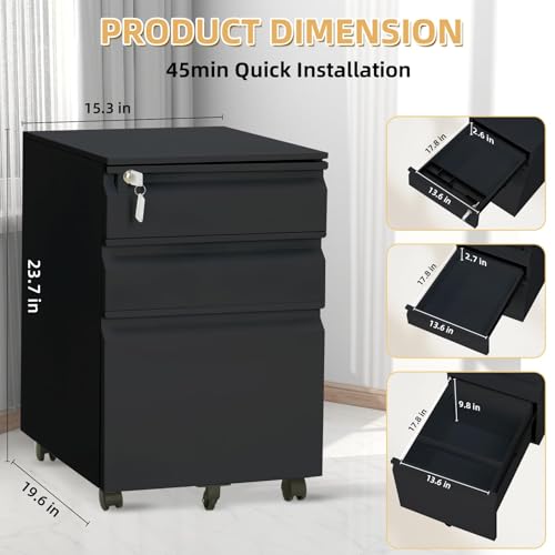 FinerFurnis 3 Drawer Mobile Filing Cabinet for Home Office Organizer with Lock and Anti-Tip Wheels, Under Desk Metal File Cabinet for Letters, Legal, and a4 Documents,Black