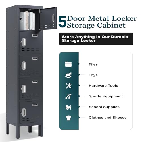 BUTISOW Metal Storage Locker with Lock & Card Slot Locker - Secure Lockable Door - Steel Locker for School, Office, Gym, Home - 66.15" H x 11.8" W x 11.8" (5 Door, Grey)