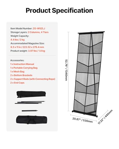 VEVOR Brochure Display Stand, 4-Tier 8 Pockets Mesh Literature Display Holder, Floor Standing Magazine Newspaper Catalog Rack, Lightweight and Portable with Carrying Bag for Shop Exhibitions Office