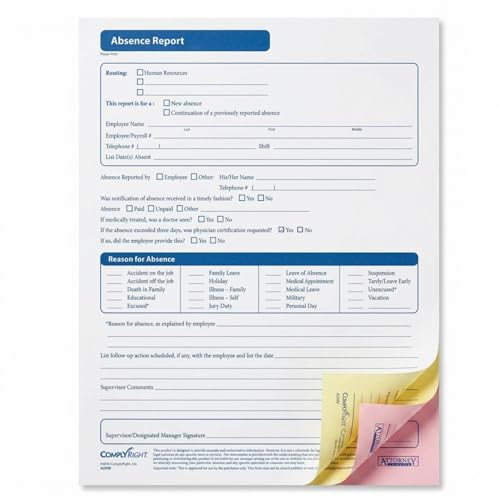 ComplyRight Absence Report, 3-Part | 8-1/2” x 11” | Time & Attendance Form | 50 Pack