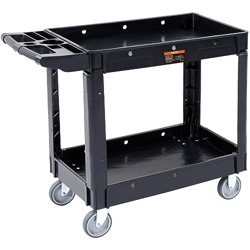VEVOR Utility Service Cart, 2 Shelf 550LBS Heavy Duty Plastic Rolling Utility Cart, Medium Lipped Shelf, 360° Swivel Wheels, Ergonomic Storage Handle for Warehouse Garage, Black