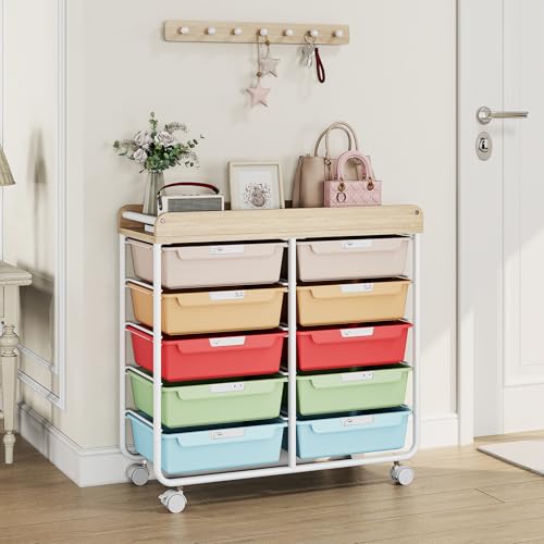 10 Drawer Rolling Storage Cart with Wood Top for Classroom Crafts Colorful