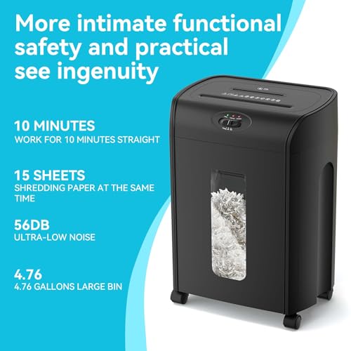 Majnesvon Paper Shredder 15-Sheet Cross Cut - P-4 Security Level, 56dB Operation, 15 Minute Continuous Use, 7.93 Gallon Capacity, Auto Reverse Function (15-Sheet + Black)