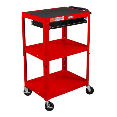 LUXOR UCMT1KB-RD Adjustable-Height Steel Utility Cart - Pullout Keyboard Tray, Red