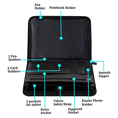 IVESIGN Zippered Padfolio for Women & Men Resume Portfolio Folder Vegan Leather Salesman Business Organizer Planner,with Writing Pad Interior 10.1 Inch Tablet Sleeve Black