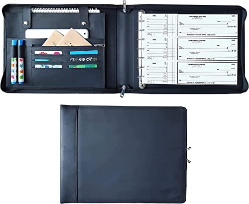 7-Ring Zippered Checkbook Binder for Business Checks - Premium Leather Portfolio Holds 600 Checks (9"x13") - Personalized Name/Logo for Men & Women
