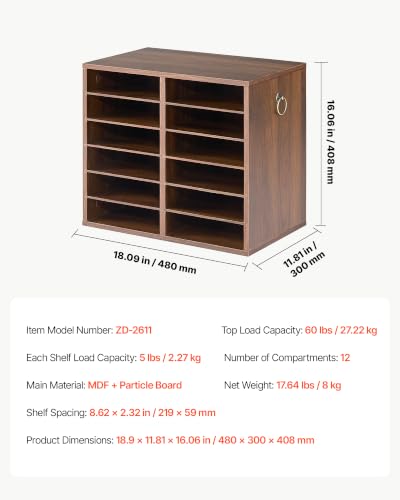 VEVOR Wood Literature Organizer 12 Compartments Office Mailboxes Brown | Countertop Literature Sorter for Files Documents Papers, with Adjustable Shelves, for Office, Home, Classroom Organization