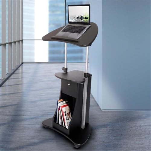 Pemberly Row Sit-to-Stand Rolling Laptop Cart, Adjustable Height 31.5"-45.5", MDF Panels with PVC Laminate, Black Finish, Tilting Table, Storage Compartments, Locking Casters, Mobile Workstation