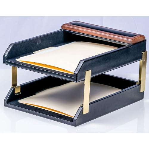 Dacasso Walnut & Black Leather Double Letter Tray Set w/Gold Stacking Posts - Luxury Executive Decor and Office Essential - Desk Surface Protector