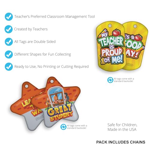 Encourage & Recognize Positive Student Behavior Brag Tag Value Pack: 500 Tags (50 Tags for Each Shape) + 150 Hypoallergenic, USA-Made, 24" Aluminum Safety Chains