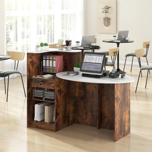 SILKYDRY Reception Desk, 54" Large Retail Checkout Counter with Lockable Drawer and Open Shelves, Wooden Front Desk Reception Counter, Oval Desktop & L Counter for Store Office Lobby Salon