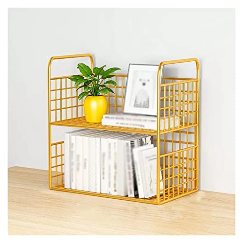 Bookcase Desktop Organizers Metal Mesh Design Desktop Small Bookshelf for Office Desk Display Shelf Desktop Corner Organizer and Storage for Dorm, Home Decor, Makeup Shelf, Gold Modern(Small)