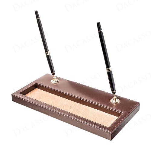 Dacasso Chocolate Brown Leather Double Pen Stand w/Gold Accents - Luxury Executive Decor and Office Desk Surface Protector