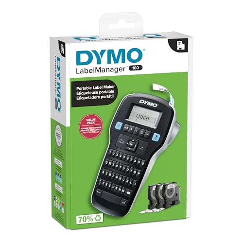 DYMO LabelManager 160 Label Maker Bundle with 3 D1 Label Cassettes, Portable Handheld, QWERTY Keyboard, One-Touch Smart Keys, Large Display, Home & Office Organization