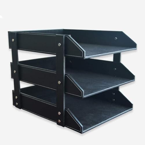 MNBVH File Racks Letter Trays File Racks 3-Layer Removable Wood PU Leather Desktop Filing Document Tray Stackable Document Tray(Color:B)