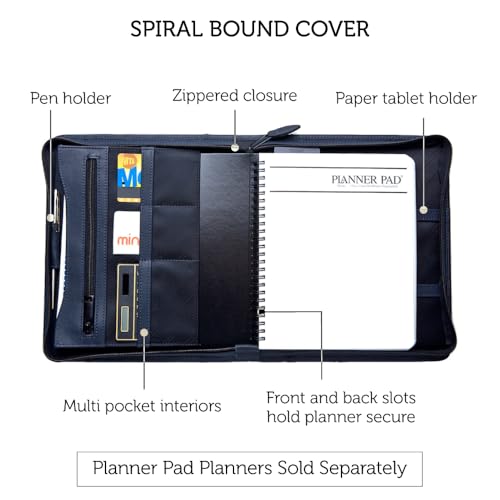 Planner Pad Spiral Bound Executive Size Cover, Fits 8 ½” x 11” Size Planner Pad Planner Only, Cowhide Leather, Black