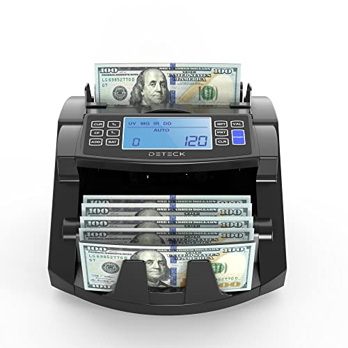 DETECK DT200 Money Counter Machine with Value Count - Large 4” LCD Display Cash Counter Machine, Add and Batch Modes, UV/MG/IR Counterfeit Detection Bill Counter, 1300 Bills/Min - Print Option