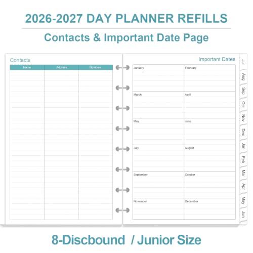 2026-2027 Daily Planner Refills – 8-Disc Discbound One Page Per Day, July 2026 to June 2027, Prioritized, To-Do List, Notes, Appointment Schedule, Junior Size, 5.8"x8.3"