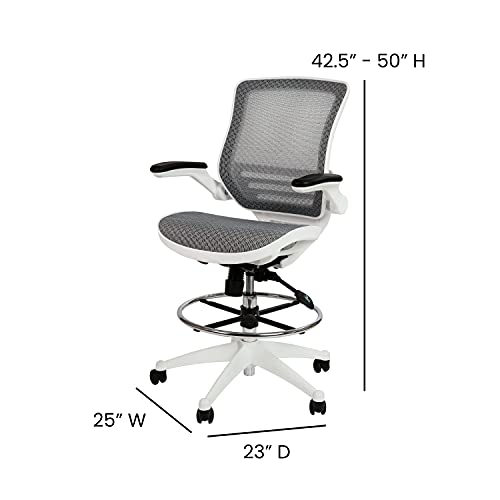 BizChair Mid-Back Transparent Gray Mesh Drafting Chair with White Frame and Flip-Up Arms
