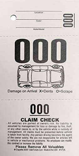 3 Part Valet Parking Tickets, (2,000 Tickets) Valet Tags, 110lb Card Stock White, Car Diagram on Front …