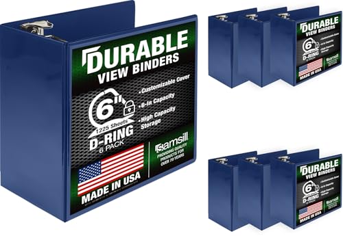 Samsill Durable 6 inch 3 Ring Binder, Locking D Ring Binder, Customizable Clear View Cover, Blue, 6-Pack, Holds 1225 Pages