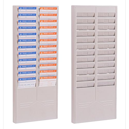 RENLXFI 24 50 Slots Time Card Organizer 2 Pack, Wall Mount Plastic Holder for Stacking and Organizing Employee Time Cards, with Numbered(2 Pack Gray,24-Pocket Slots)