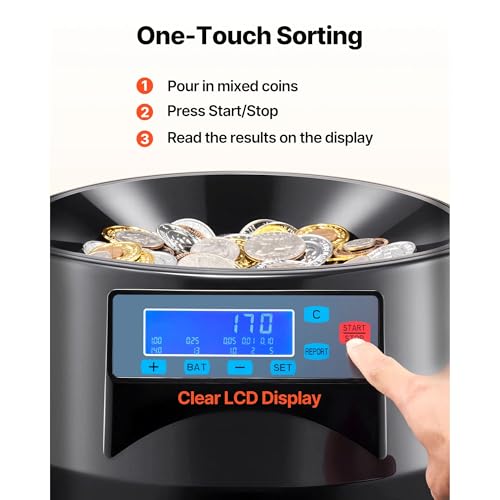 High Speed USD Coin Counter & Sorter, Built-in LCD Display, 300 Coins Per Minute, 2000 Coins Capacity with 5 Coin Bins and Tubes