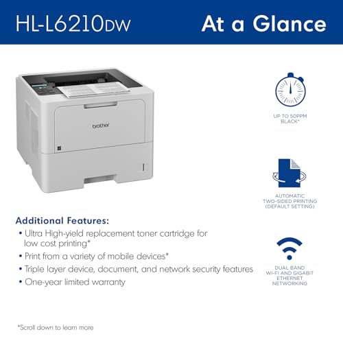Brother HLL6210DW Business Monochrome Laser Printer with Large Paper Capacity, Wireless and Gigabit Ethernet Networking, Advanced Security Features and Mobile Printing (Renewed Premium)