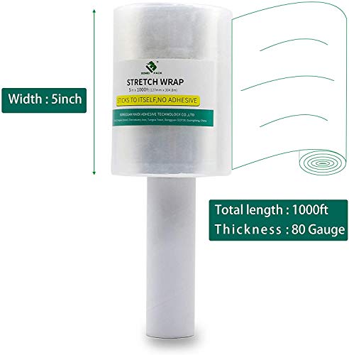 BOMEI PACK 6 Pack Industrial Clear Mini Stretch Wrap Roll with Handle, 5" x 1000Feet 80 Gauge for Heavy Duty, Durable Self-Adhering Plastic Wrap for Packing, Moving