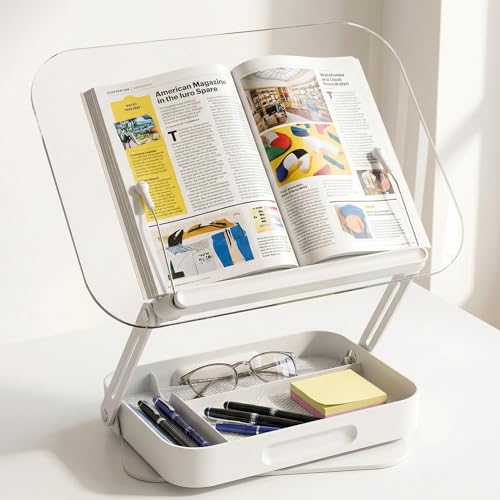 Lifcozy Book Stand for Reading, Acrylic Adjustable Book Holder with Book Page Holder, 360°Cookbook Stand with Storage for Kitchen Counter, Hands Free Recipe Book Holder for Textbook Cookbook, Clear