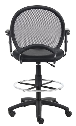Pemberly Row Mesh Fabric Drafting Chair, Adjustable Arms, Black Finish, 45.5 in H x 27.5 in W x 27 in D, Breathable Mesh Seat, Chrome Foot Ring, Hooded Casters, Office or Studio Use