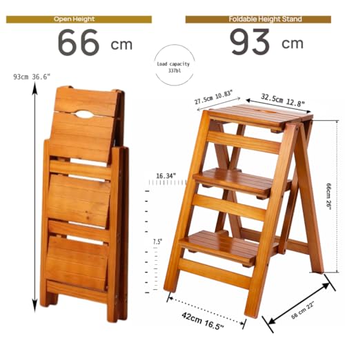 Bidesen 3-Step Folding Ladder Stool - 330 lb Capacity, Solid Pine Wood, Anti-Slip Steps, Space-Saving Foldable Design for Home Kitchen - Lightweight Step Stool for Adults