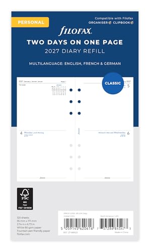 Filofax Personal Two Days per page 3 language 2027 diary 27-68423
