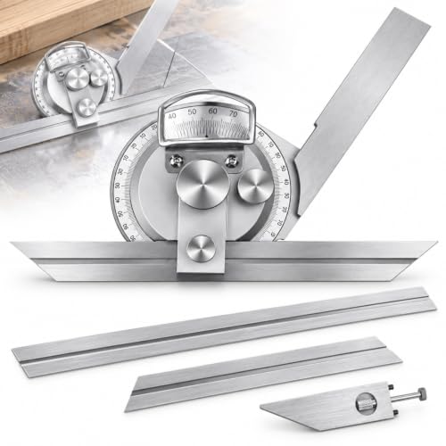 Universal Bevel Protractor, Universal Bevel Protractor with 5 Arc-Minute Scale, Magnifying Lens, Fine Adjustment and 150/200/300mm Rulers for Internal External Angle Measurement